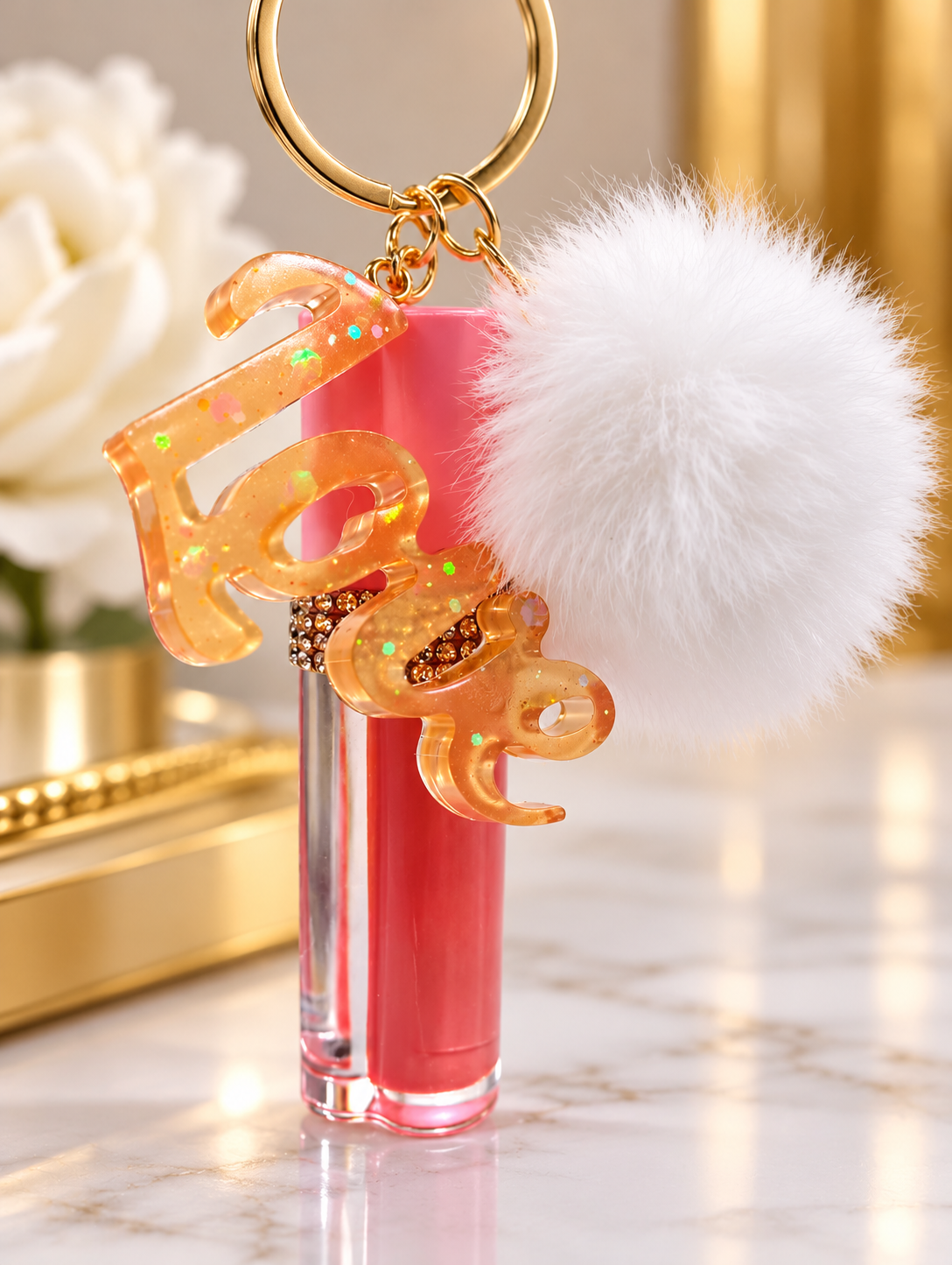 Personalized Resin Keychain with Lip Gloss Charm & Pom-Pom