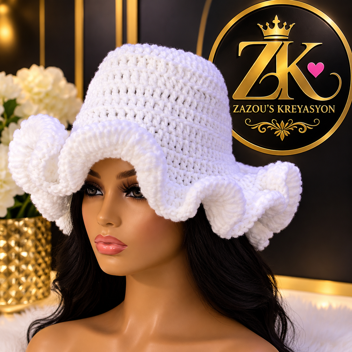 luxury white Crochet Ruffle Hat